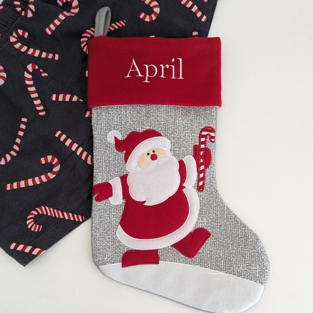 NEW "APRIL" Personalized Custom Christmas Stocking Santa Candy Cane Red Gray